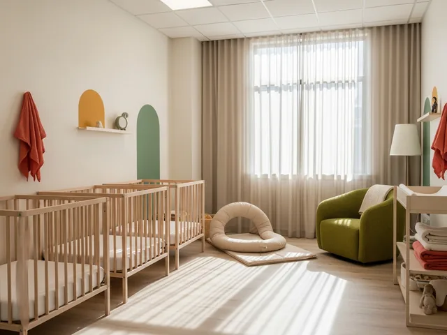 An empty infant room with three pale oak cribs, a padded floor mat area and a low green armchair by a curtained window.