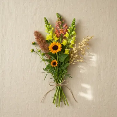 A loose yellow and ochre bunch of small sunflowers, snapdragons and grasses tied with garden twine on ivory linen