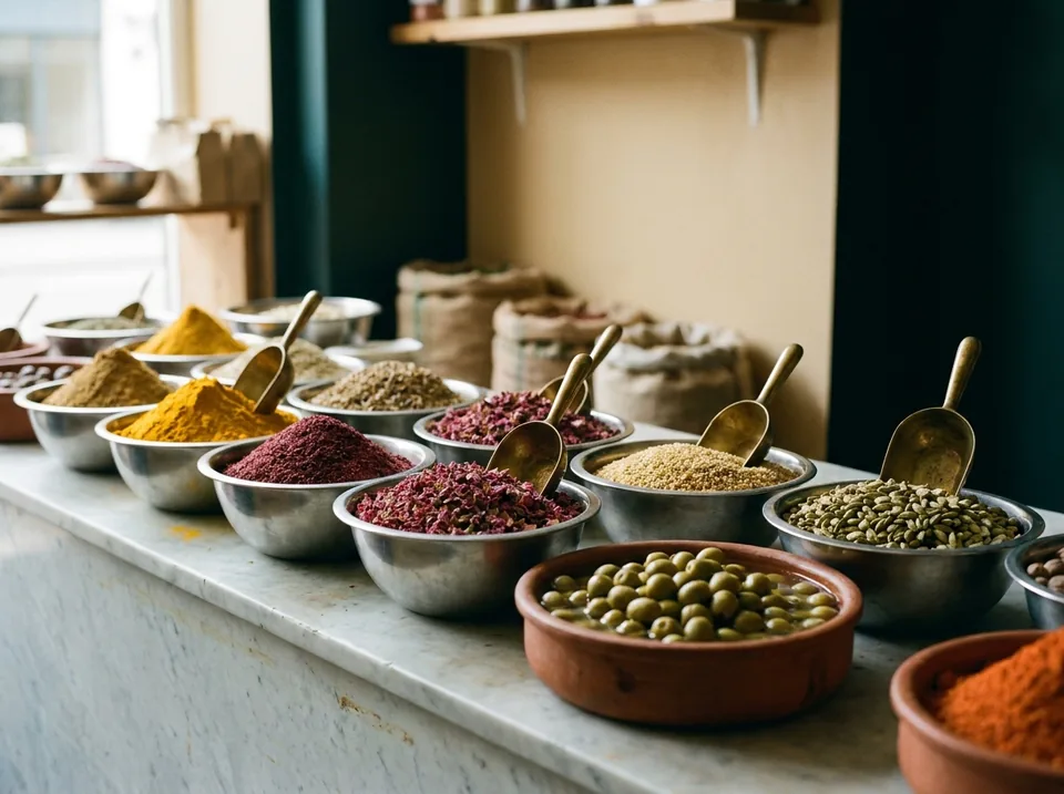 Steel and terracotta bowls of turmeric, sumac, dried rose petals, bulgur, cardamom and green olives on a marble counter with brass scoops