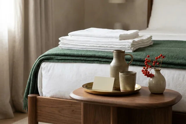 A hotel bedside: white linen, a folded green wool blanket, a brass tray with a plain keycard, a stoneware carafe and red rowan berries