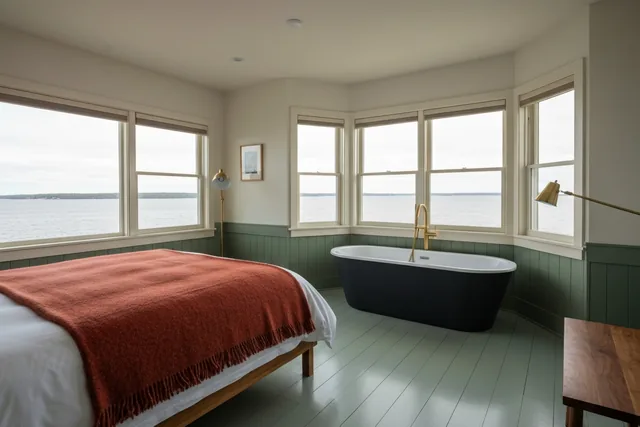 A corner room with windows on two walls facing open water, a king bed with a rust wool throw and a black freestanding tub on green painted floorboards