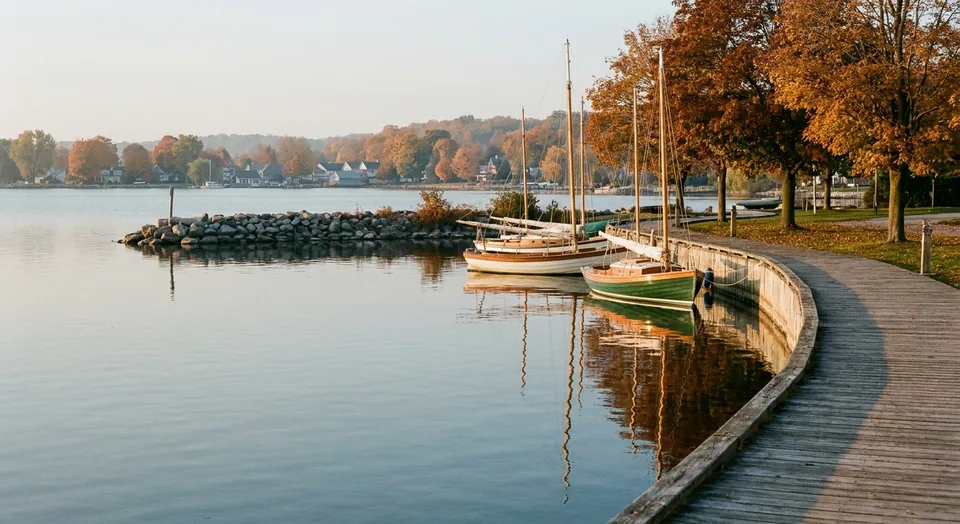 A curving timber boardwalk along a calm harbour at golden hour with moored wooden sailboats and maples turning rust and amber