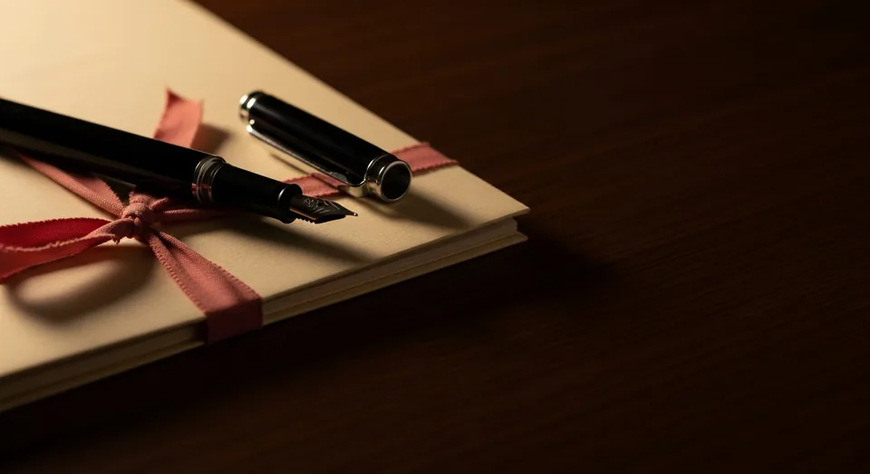 A fountain pen resting on a closed buff folder tied with a rose ribbon, on a dark walnut desk