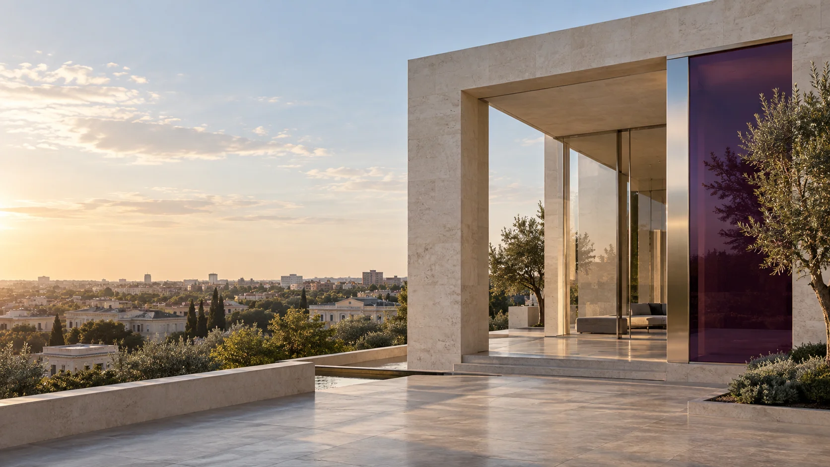 An open limestone pavilion with violet glass, overlooking the city.