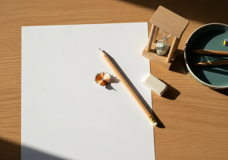 Overhead view of a work station: a blank sheet of paper, a sharpened pencil, an eraser, a small sand timer and a teal tray of pencils on pale wood